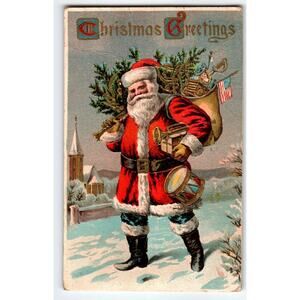 Santa Claus Christmas Postcard Saint Nick With Tree Toy Drum Flag Church 1909